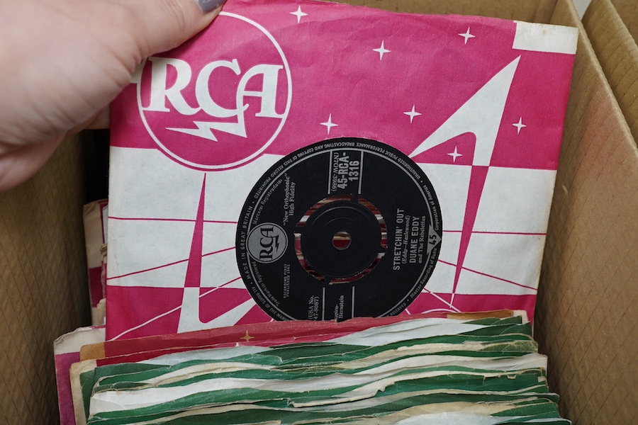 Three boxes of 7 inch singles, all on the RCA and Top Rank record labels, artists include; Nina Simone, Perry Como, the Everly Brothers, Elvis Presley, Duane Eddy, Sandy Nelson Craig Douglas, Neil Sedaka, Don Gibson, the